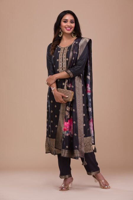Black Zariwork Art Silk Readymade Salwar Suit