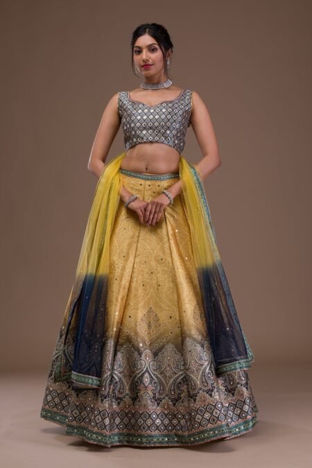 Mustard Mirrorwork Banarasi Readymade Lehenga