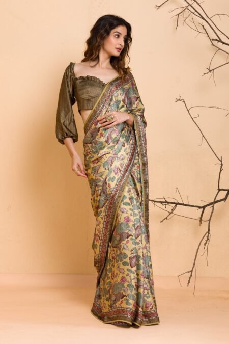 Lemon Yellow Floral Printed Semi Crepe Designer Saree