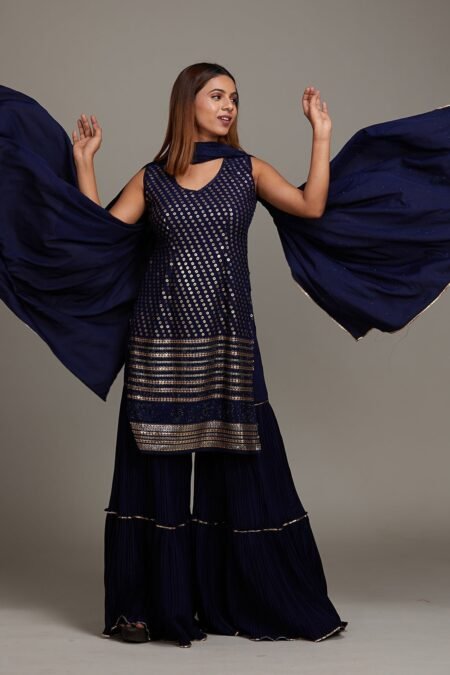 Navy Blue Sequins Semi Crepe Sharara Suit