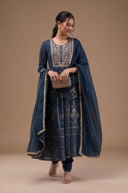 Peacock Blue Printed Crepe Readymade Salwar Suit