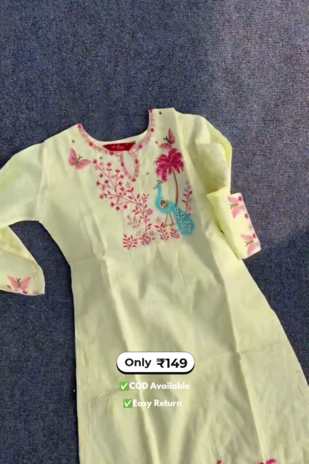 Elegant Butter Yellow Long Kurti with Pant Set Featuring Intricate Embroidery Work for Women