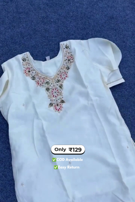 Elegant Women's White Kurta Set with Embroidered Neck Design & Contrast Dupatta