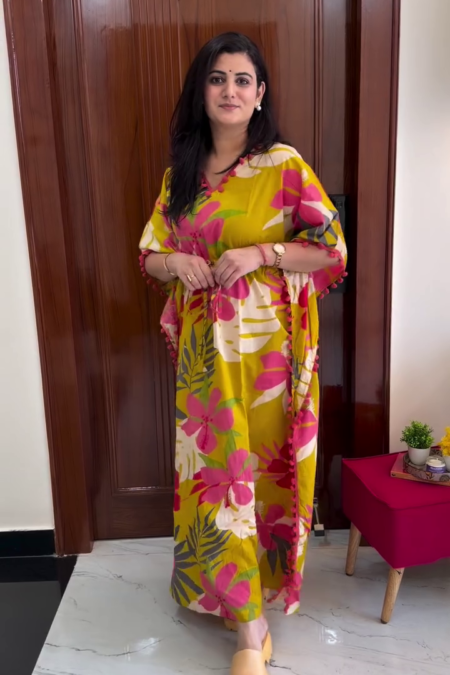 Women's Yellow Floral Printed Kaftan Dress