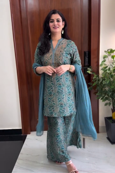 Women's Blue Printed Kurta Sharara Set with Dupatta