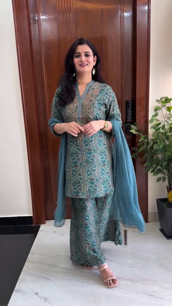 Women's Blue Printed Kurta Sharara Set with Dupatta