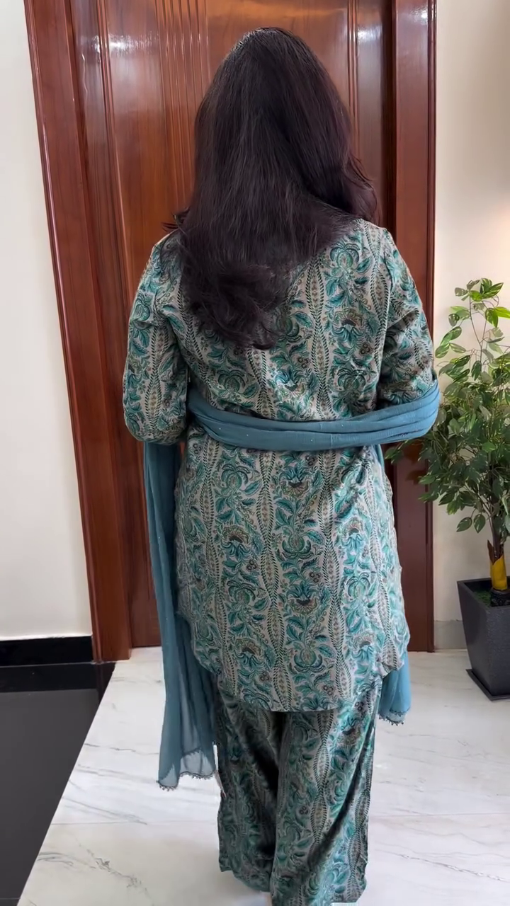 Women's Blue Printed Kurta Sharara Set with Dupatta - Image 2