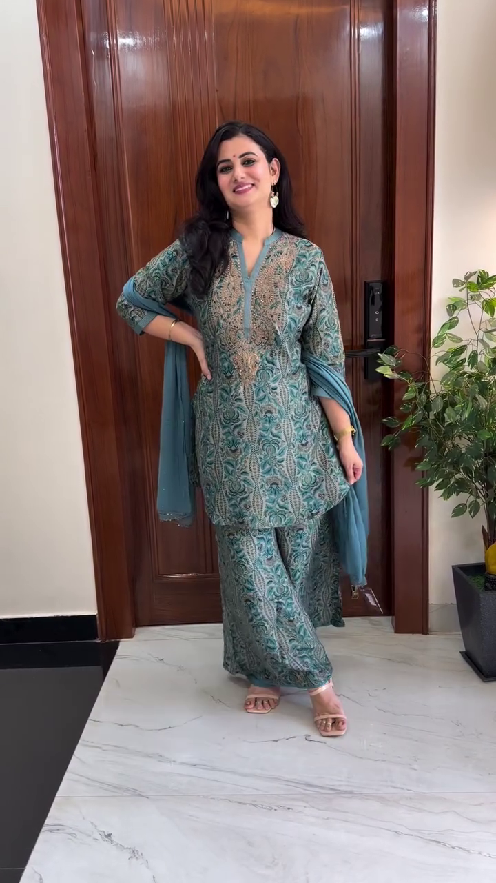 Women's Blue Printed Kurta Sharara Set with Dupatta - Image 3
